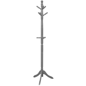 Grey Free Standing Coat Rack Wooden Hall Tree 2-Adjustable Height with 9-Hooks