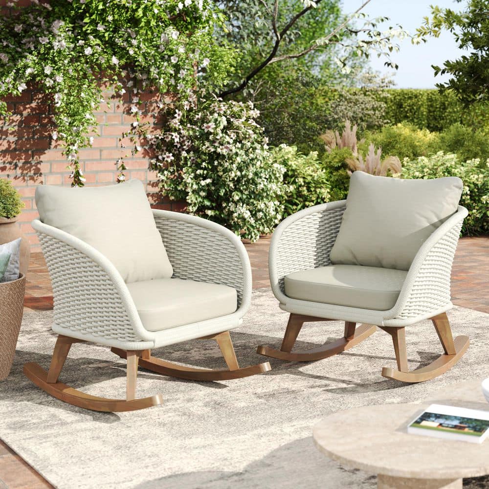 Brooklyn Patio Natural Finish Solid Wood and Beige Rope Woven Outdoor Rocking Chair with Beige Cushions, (Set of 2) price history on PriceWatchPro