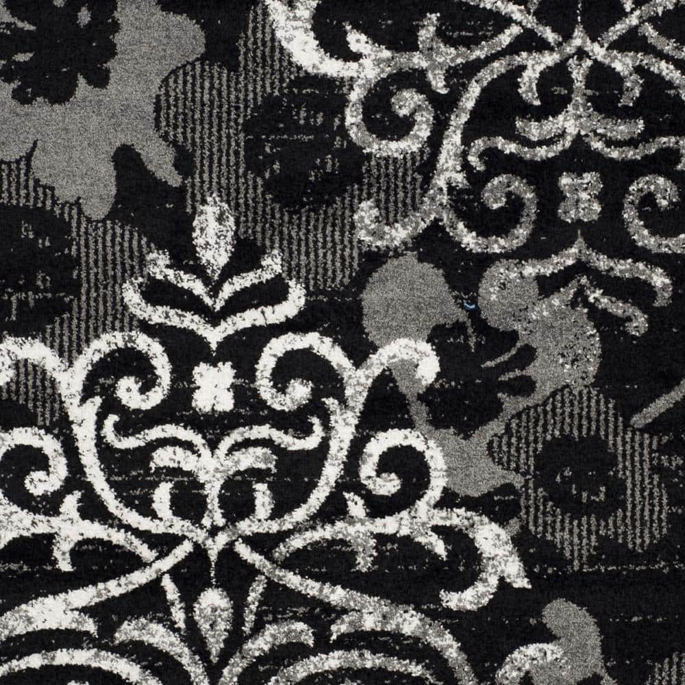 Black and Silver Floral Square Synthetic Area Rug