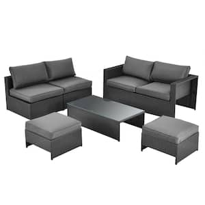 6-Piece PE Wicker Outdoor Patio Conversation Sofa Set with Gray Cushions