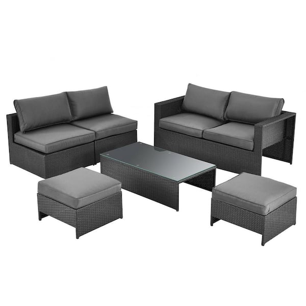ANGELES HOME 6-Piece PE Wicker Outdoor Patio Conversation Sofa Set with Gray Cushions