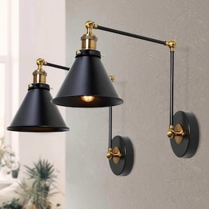 Black Swing Arm Wall Lamp Modern 1-Light Hardwired/Plug in Wall Sconce Desk Lamp Wall Lights for Bedroom (2-Pack)