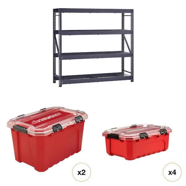 77 in. W 4-Shelf Black Metal Shelving Unit, 20 Gal. and 12 Gal. Waterproof Storage Tote Combo