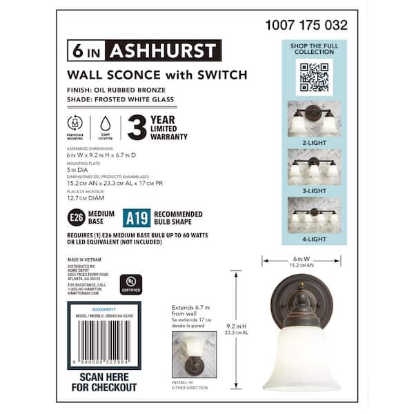 Hampton Bay Ashhurst 1-Light ORB Wall Sconce with Switch