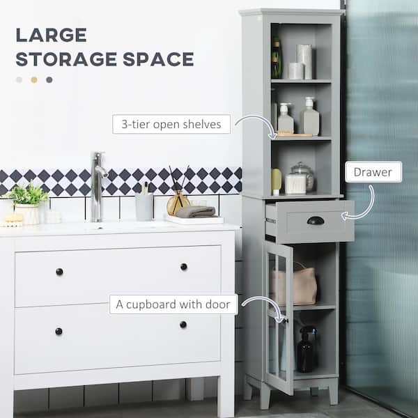 kleankin Tall Bathroom Storage Cabinet Freestanding Linen Tower with 3 Tier Open Adjustable Shelves Cupboard and Drawer Narrow Slim Floor Organizer