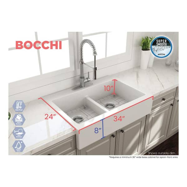 BOCCHI Nuova White Fireclay 34 in. Double Bowl Drop-In Apron Front