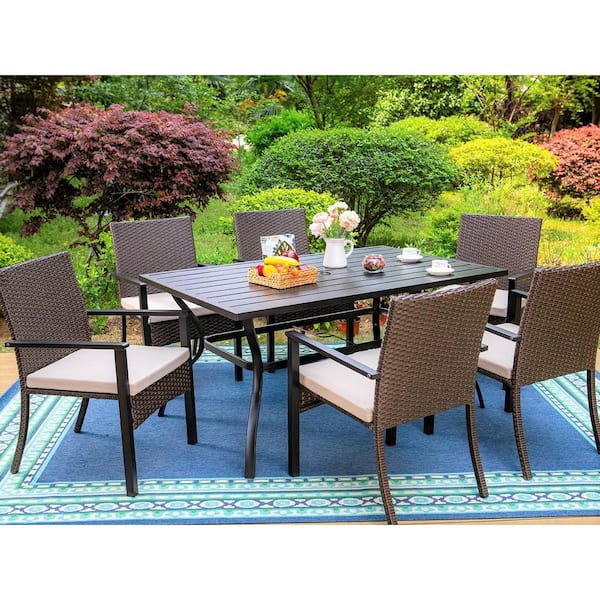 Black 7-Piece Metal Slat Rectangle Table Patio Outdoor Dining Set with Rattan Chairs with Beige Cushion