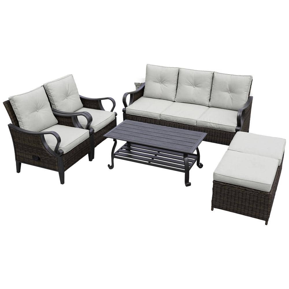 6-Piece Brown Rattan Wicker Outdoor Sectional Set with Light Coffee Table, 