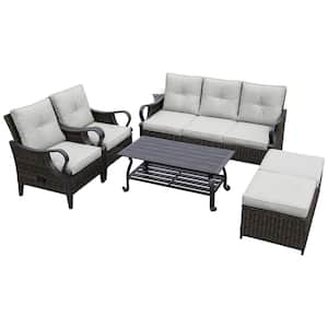 6-Piece Brown Rattan Wicker Outdoor Sectional Set with Light Coffee Table, Ottomans, Gray Cushions