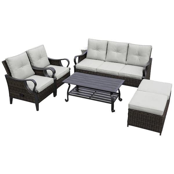 Unbranded 6-Piece Brown Rattan Wicker Outdoor Sectional Set with Light Coffee Table, Ottomans, Gray Cushions
