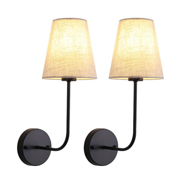 10.35 in. 2 Light Black Vanity Light with Linen Beige Fabric Shade(Set of 2)