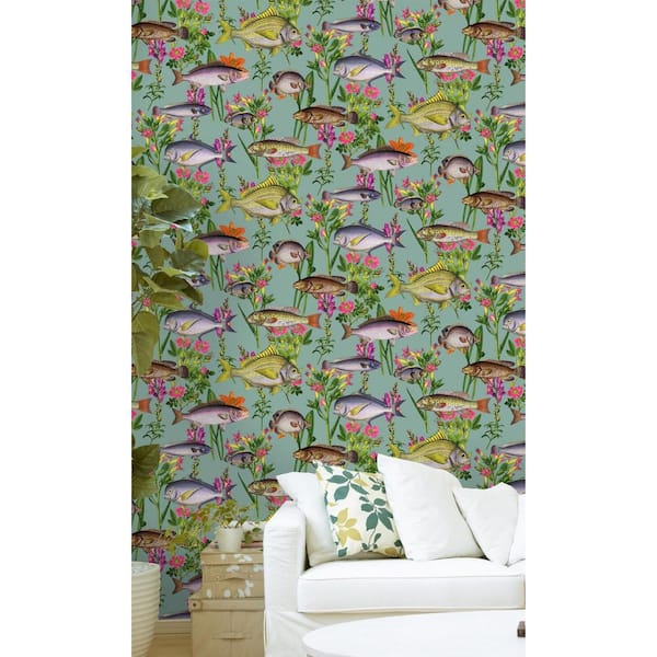 Teal Flowers and Fishes Floral Shelf Liner Non- Woven Non-Pasted Wallpaper Wallpaper (57Sq.ft) Double Roll