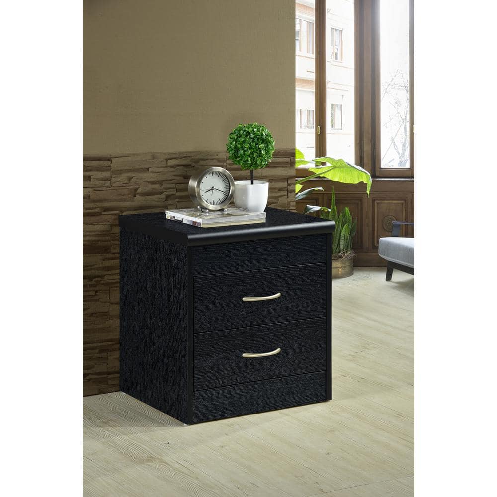 Black MDF 2-Drawer Nightstand with Metal Pulls