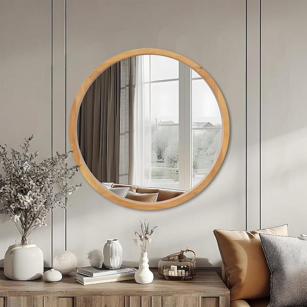 IDEAGLE 28 in. W x 28 in. H Brown Round Wood Framed Wall Mirror with Farmhouse Decor Style for Living Room Bathroom Entryway