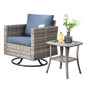 Tahoe Grey Swivel Rocking Wicker Outdoor Patio Lounge Chair with a Side Table and Denim Blue Cushions