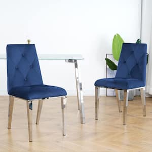Modern Luxury Blue Velvet Home Dinning Room Chairs with Chrome Legs (Set of 2)