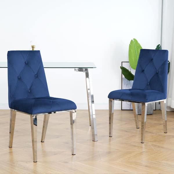 Clihome Modern Luxury Blue Velvet Home Dinning Room Chairs with Chrome Legs (Set of 2)