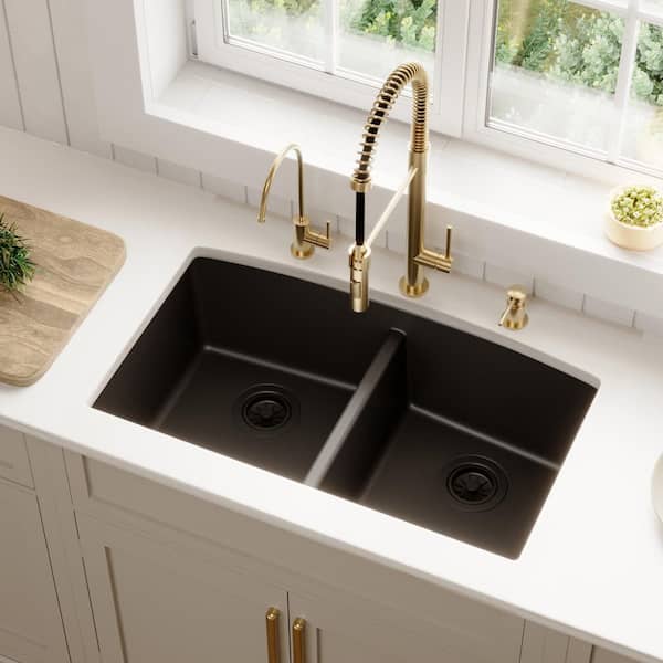 Undermount Quartz/Granite Composite 32 in. 50/50 Double Bowl Kitchen Sink in Black