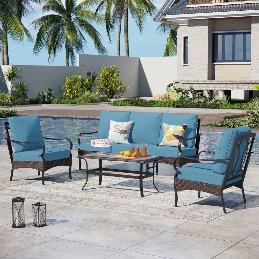 Rattan 4-Piece 5 Seat Steel Outdoor Patio Conversation Set with Denim Blue Cushions and Wood-Grain Table price history on PriceWatchPro