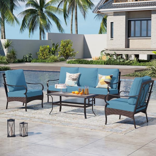 Rattan 4-Piece 5 Seat Steel Outdoor Patio Conversation Set with Denim Blue Cushions and Wood-Grain Table