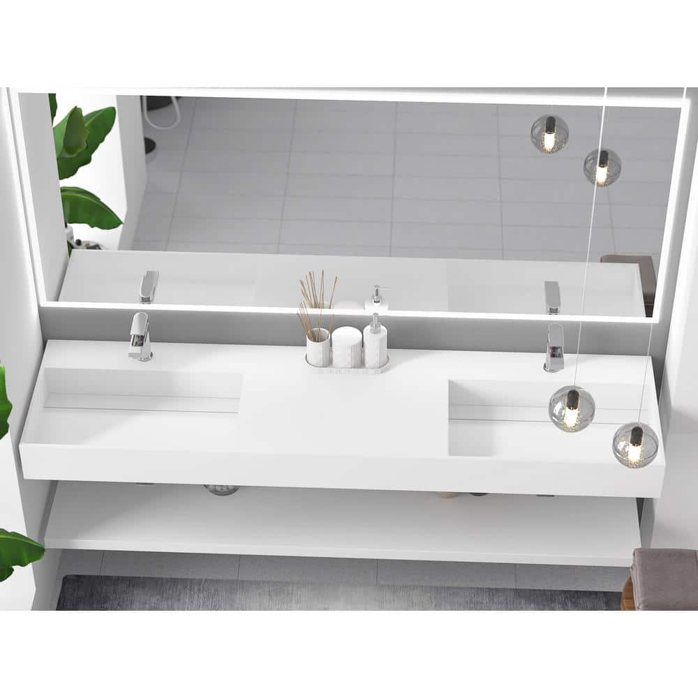 Juniper 72" Matte White Stone Wall-Mounted Double Basin Sink