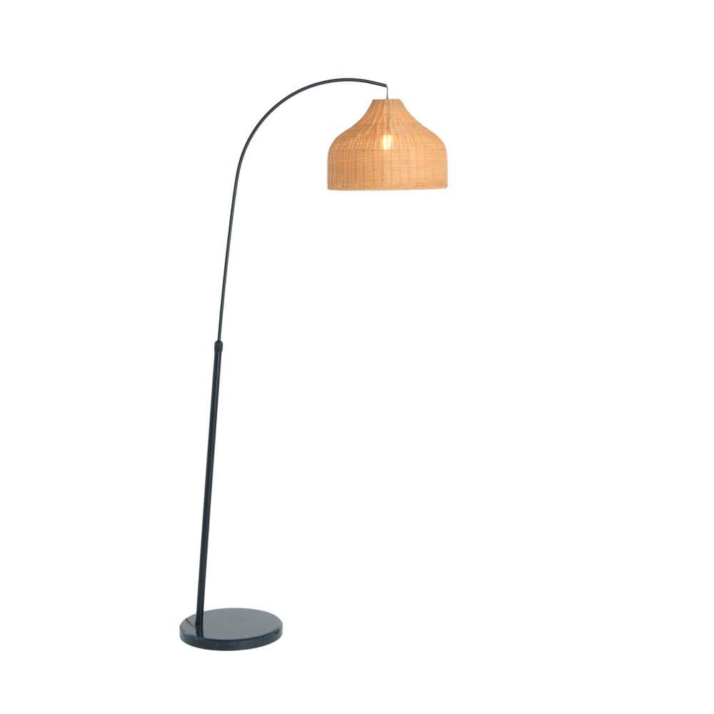 78 in. Black Arc Floor Lamp with Marble Base and Rattan Shade