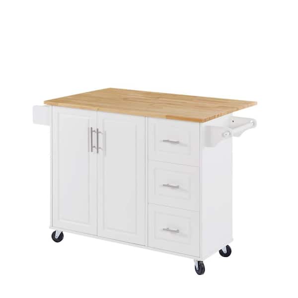 White Wood 54 in. Kitchen Island with Drawers, Kitchen Island with Drop Leaf Countertop, Rolling Kitchen Island Cart