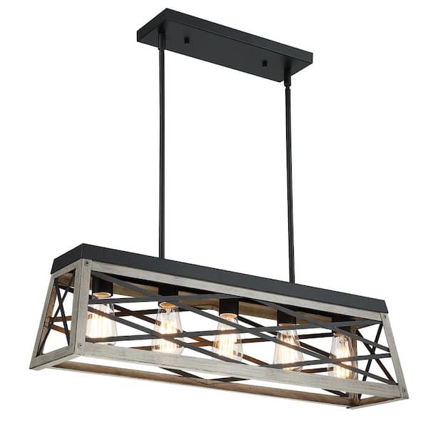 Pia Ricco 5-Light Black and Brown Kitchen Island Pendant Industrial Metal Hanging Ceiling Chandeliers for Dining and Living Room