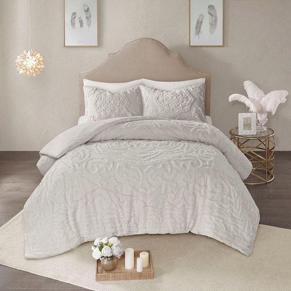3-Piece King/Cal King Light Gray Boho Lifestyle Tufted 100% Cotton Chenille Medallion Duvet Cover Set and Matching Shams
