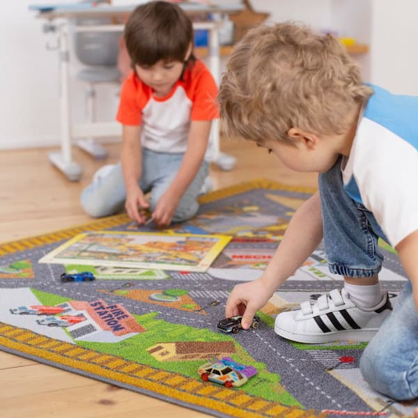 Multi-Color Kids Children Bedroom Country Farm Road Map Construction Educational Learning 5 ft. x 7 ft. Area Rug