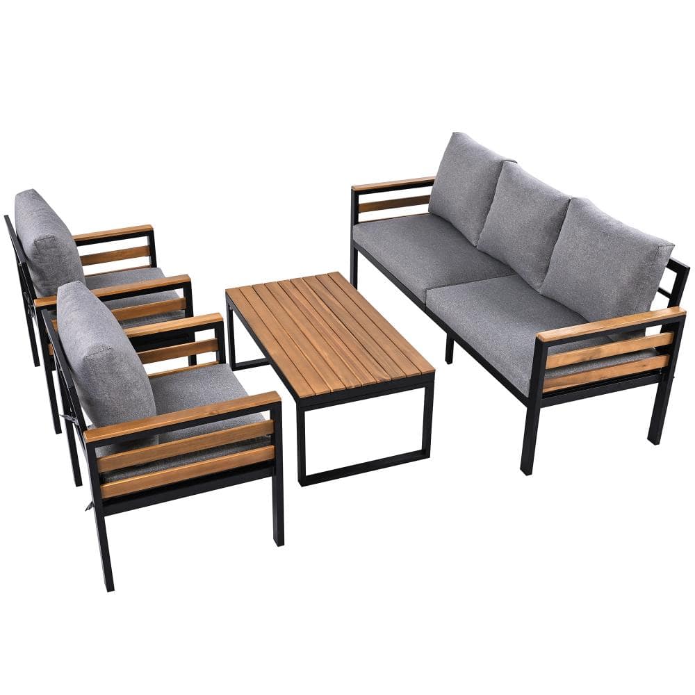 4-Piece Acacia Wood Outdoor Furniture Sofa Set for 5 People with Removable Gray Cushion and Coffee Table price history on PriceWatchPro