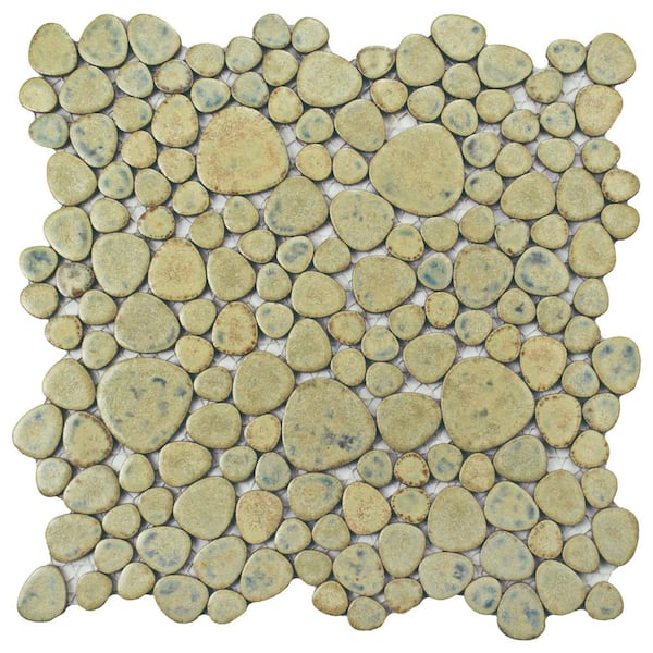 Merola Tile Pebble Green Moss 11 in. x 11 in. Porcelain Mosaic Tile (8.6 sq. ft./Case)