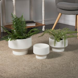 7 in., 6 in., and 5 in. Small White Ceramic Wide Planter with Linear Grooves and Tapered Bases (3- Pack)