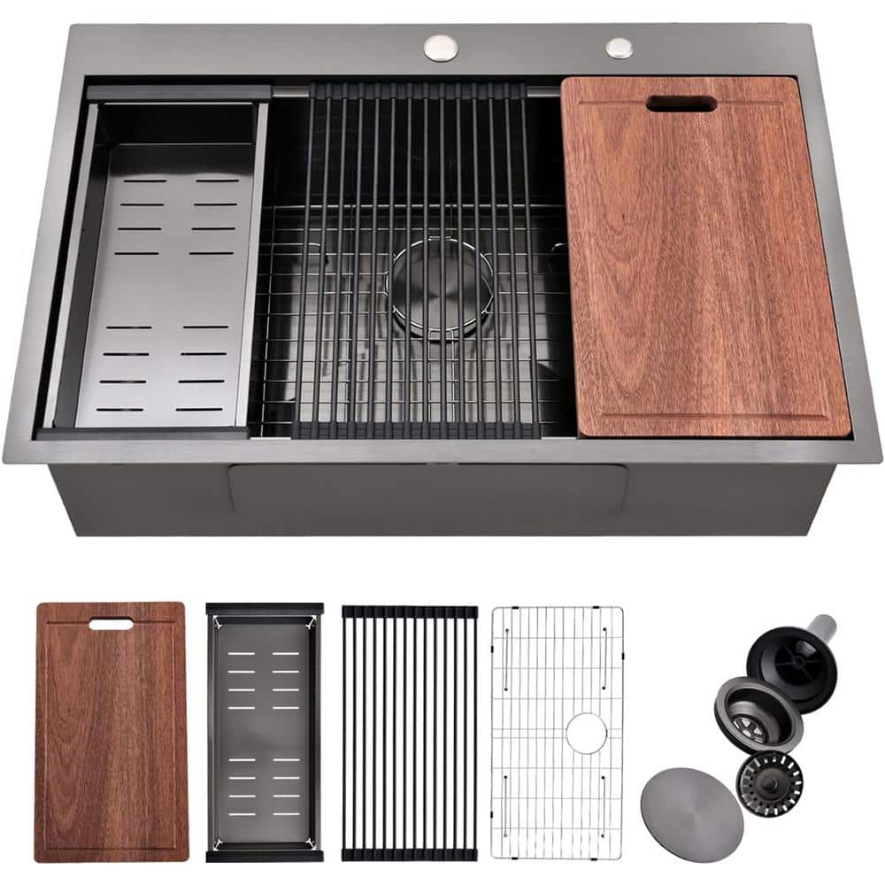 33 in. Drop-In Single Bowl 16G Gray Stainless Steel Kitchen Sink with Works