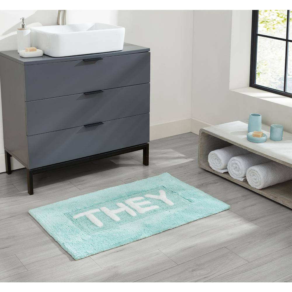 Aqua Cotton Bath Rug with 'They' Pattern, 21" x 34"