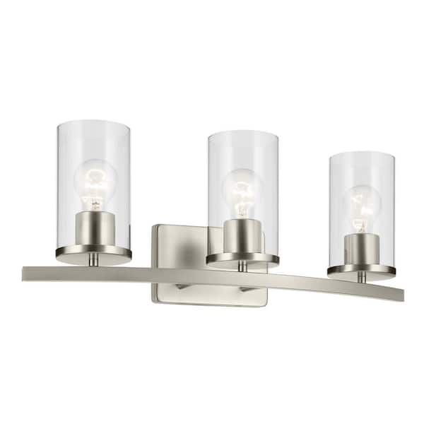 Crosby 23 in. 3-Light Brushed Nickel Contemporary Bathroom Vanity Light with Clear Glass