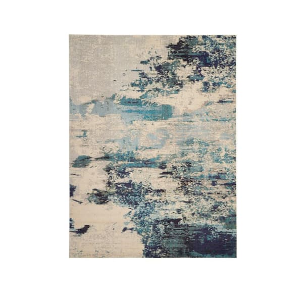 Celestial Ivory/Teal Blue 10 ft. x 14 ft. Abstract Modern Area Rug