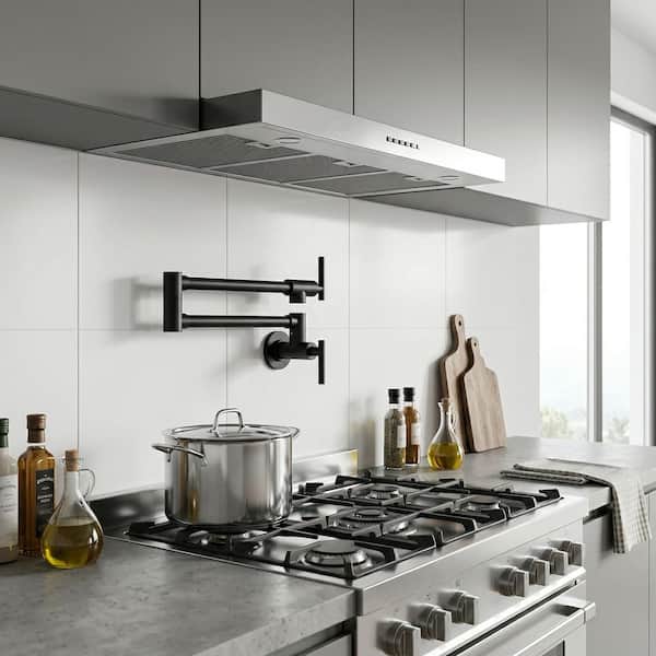 Contemporary Wall-Mounted Stainless Steel Pot Filler Kitchen Faucet with Dual Handles in Matte Black