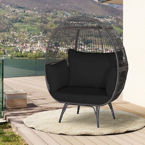 Patio Oversized Rattan Wicker Egg Chair Outdoor Lounge Chair with Black Cushions Indoor and Outdoor