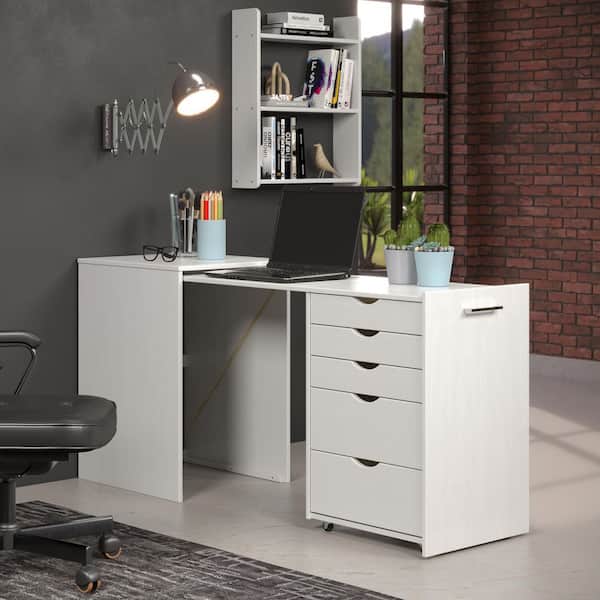 trendfurn by design Volterra 64 in. W Extendable White Wood 5-Drawer Desk