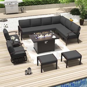 10-Seat Aluminum Patio Conversation Set with Fire Pit Table,Swivel Rocking Chairs,Coffee Table,Ottoman and Cushion Black