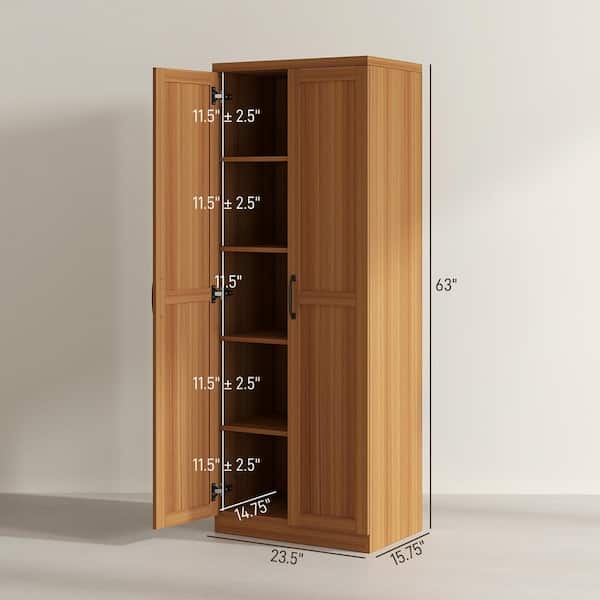 Kitchen Pantry, Freestanding 5-tier Storage Cabinet with 2 Adjustable Shelves for Dining Room, Teak Wood Grain