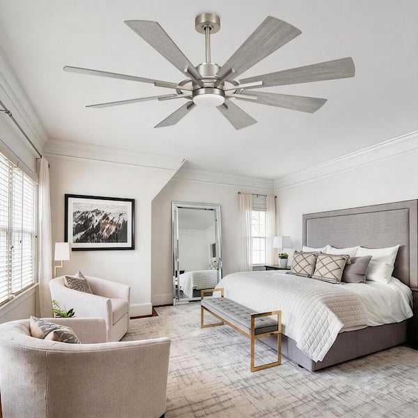 60 in. Modern Satin Nickel Downrod Mount LED Windmill Ceiling Fan with Light and Remote Control