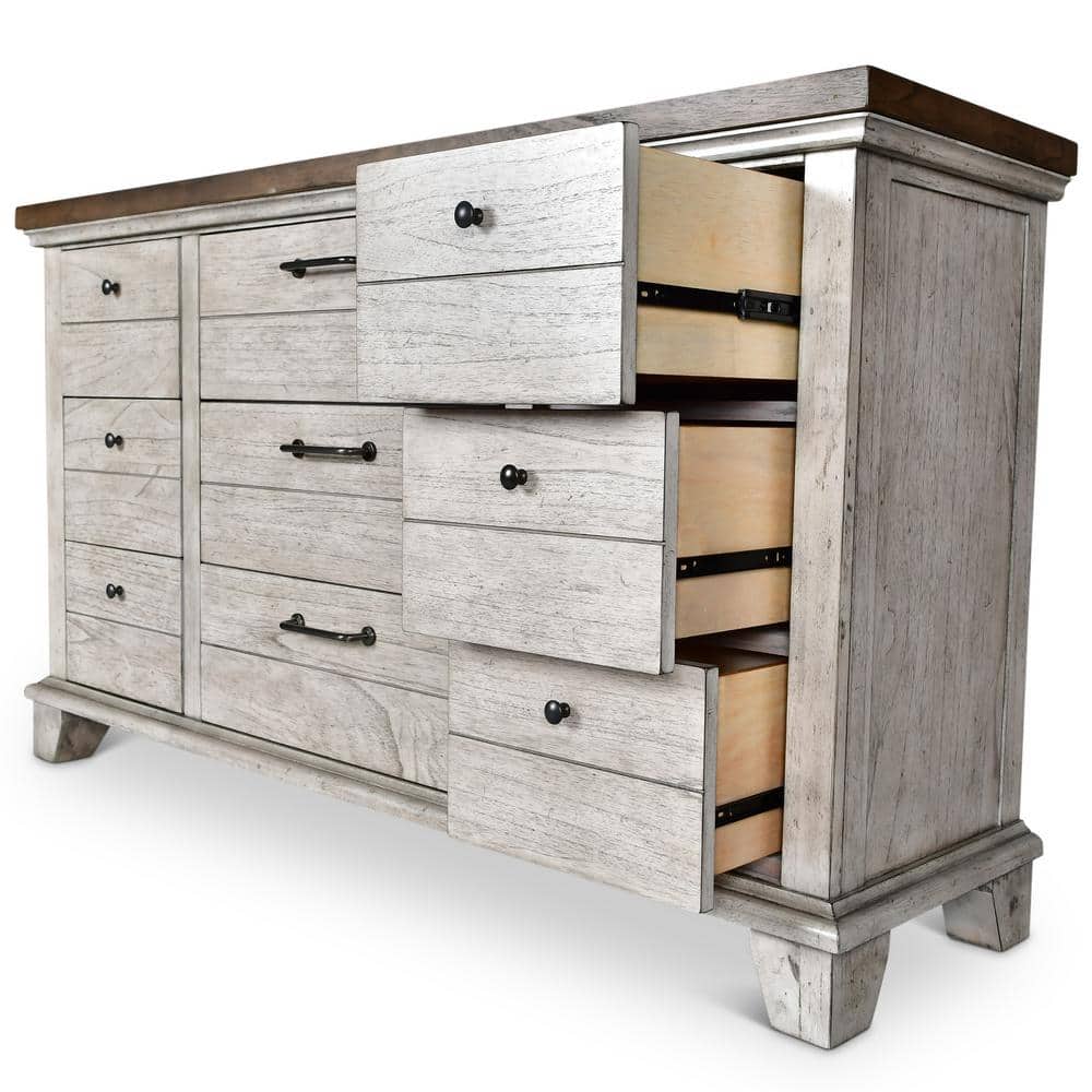 Rustic Farmhouse Ivory & Honey Nine-Drawer Dresser with Deep Storage