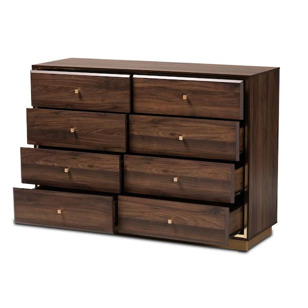 Baxton Studio Cormac 8 Drawer Walnut Brown and Gold Dresser 33.5