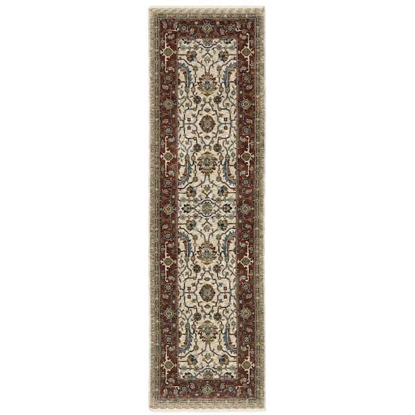 AVERLEY HOME Ambrose Ivory/Red 2 ft. x 8 ft. Border Oriental Floral Polyester Fringe Edge Indoor Runner Area Rug