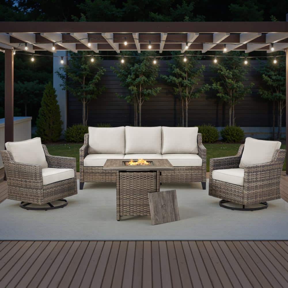 Halara Gray Wicker 5-Piece Patio Fire Pit Set Outdoor Conversation Sofa Set with Swivel Chairs and Beige Cushions price history on PriceWatchPro
