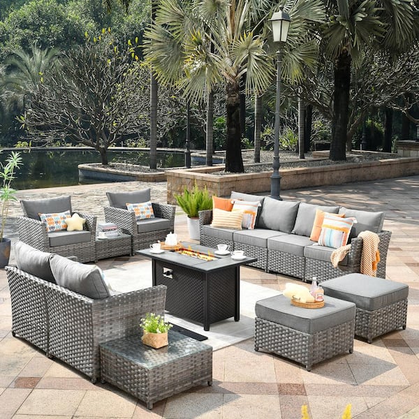 Toject Eufaula Gray 13-Piece Wicker Modern Outdoor Patio Fire Pit ...