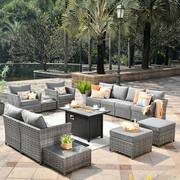 Eufaula Gray 13-Piece Wicker Modern Outdoor Patio Fire Pit Conversation Sofa Seating Set with Dark Gray Cushions