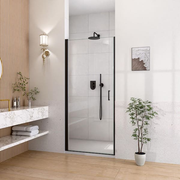30 in. W x 72 in. H Pivot Semi Frameless Shower Door in Matte Black Finish with Clear Glass